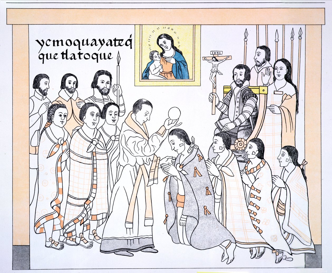 Caciques ontvangen communie van een priester in het huis van Hernando Cortes, illustratie uit een facsimile van een Mexicaanse Indiaanse geschiedenisschildering Lienzo de Tlaxcala, ca. 1550, 1892 door Mexican School