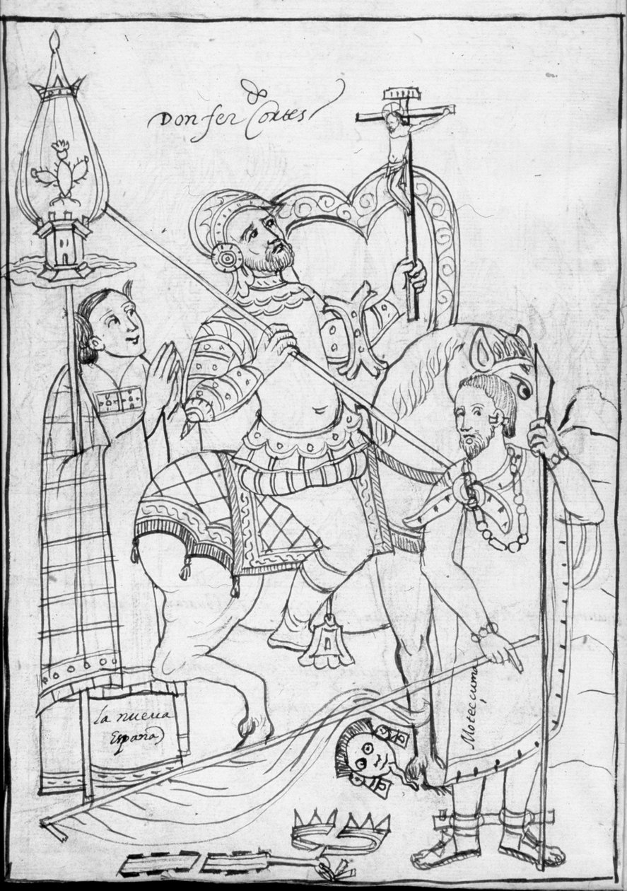Cortes te paard, staande over de verslagen Azteekse koning Moctezuma, illustratie uit Historia de Tlaxcala door Diego Munoz Camargo door Mexican School