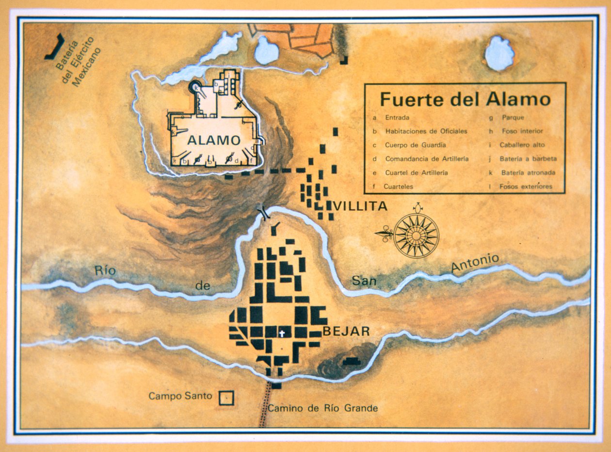 Kaart van het Alamo-gebied in San Antonio gebaseerd op de originele slagvelkaart van Santa Anna door Mexican School
