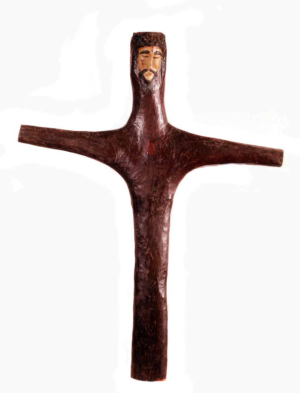 Mexicaanse kunst: polychrome houten kruis met hoofd van Christus uit één stuk gesneden. 17e eeuw. Mexico. Michoacan Regionaal Museum door Mexican School