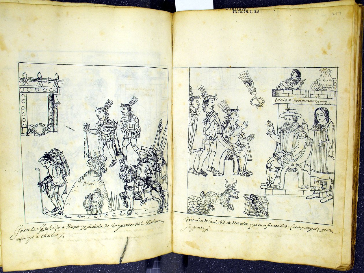 Ms Hunter 242 256v-257r Cortez en Montezuma, uit Historia de Tlaxcala door Diego Munoz Camargo door Mexican School