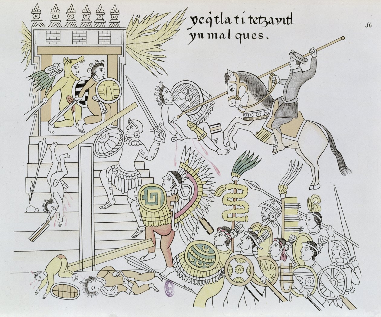 Het verbranden van de afgoden door Hernan Cortes, illustratie uit een facsimile van een Mexicaanse Indiaanse geschiedenistekening Lienzo de Tlaxcala, ca. 1550, 1892 door Mexican School