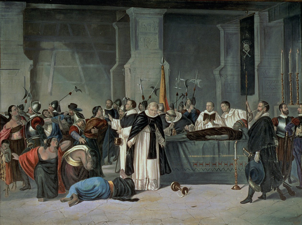 De Begrafenis van de Inca Atahualpa in de stad Cajamarca bijgewoond door Francisco Pizarro (c.1475-1541) door Mexican School