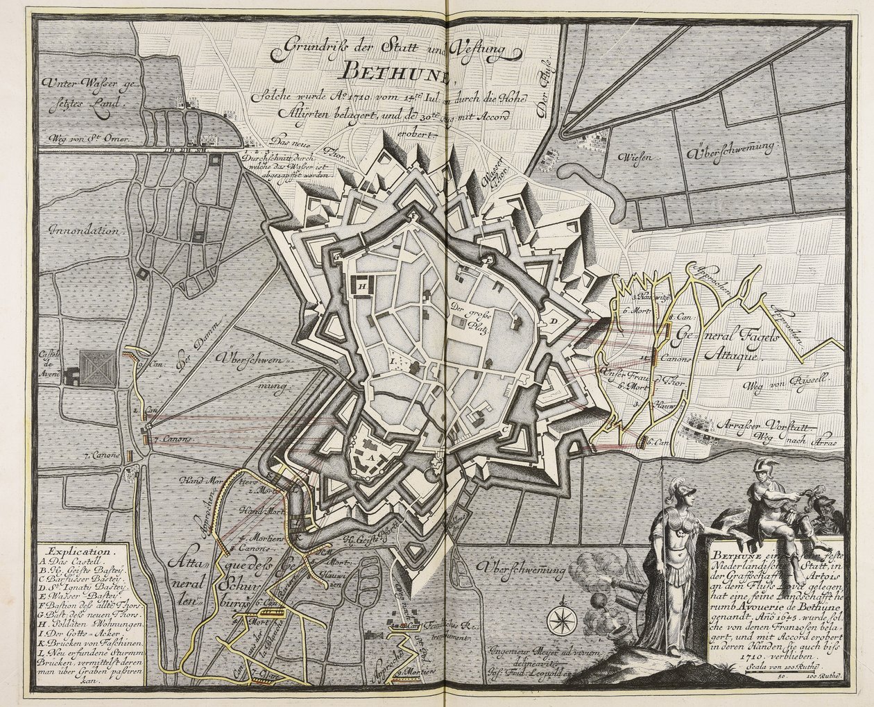Plattegrond van de stad en het fort Bethune, dat vanaf 14 juli 1710 door de Hoge All¨yrten werd belegerd en op 30 aug. 1710 werd veroverd. Iul. door de Hoge All¨yrten en veroverd op 30 aug. Aug. met Accord veroverd / Ingenieur Meyer ad vivum delineavit. door Meyer