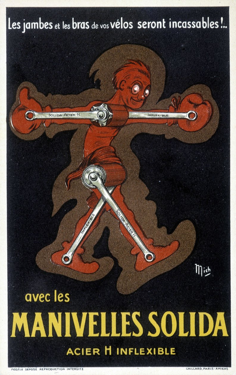 Reclame voor Velo krukken gemaakt van massief staal. Tekening door Mich (Michel Liebeaux) door Mich