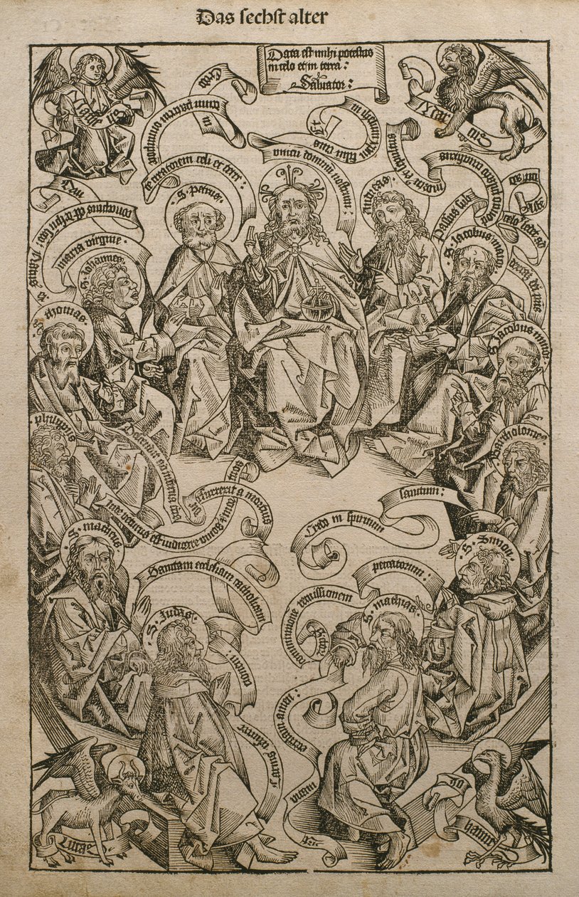 God in glorie met heiligen, illustratie uit de 