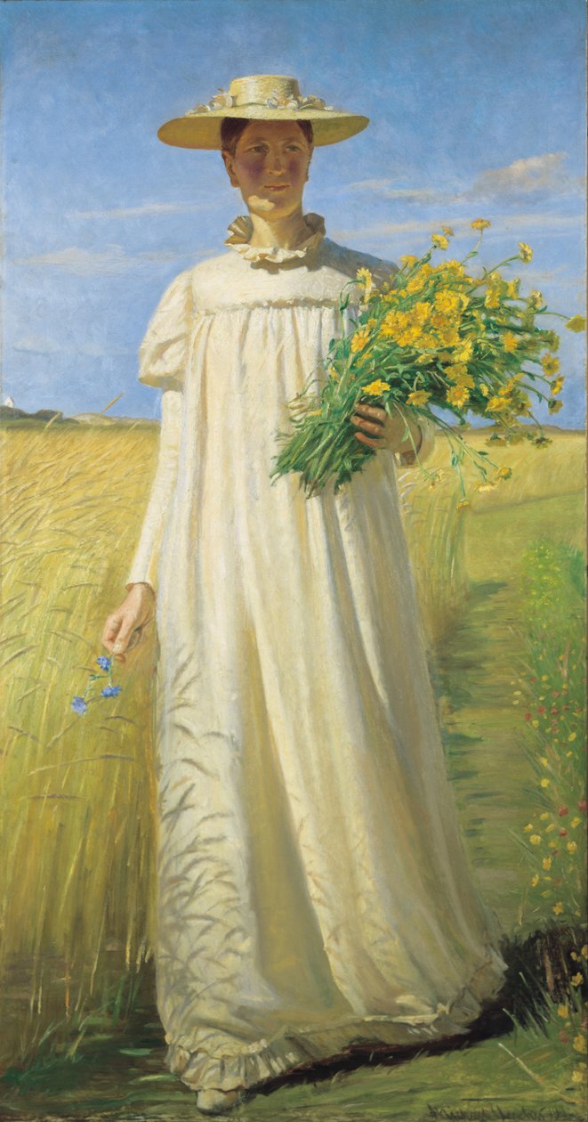 Anna Ancher keert terug van het veld door Michael Peter Ancher