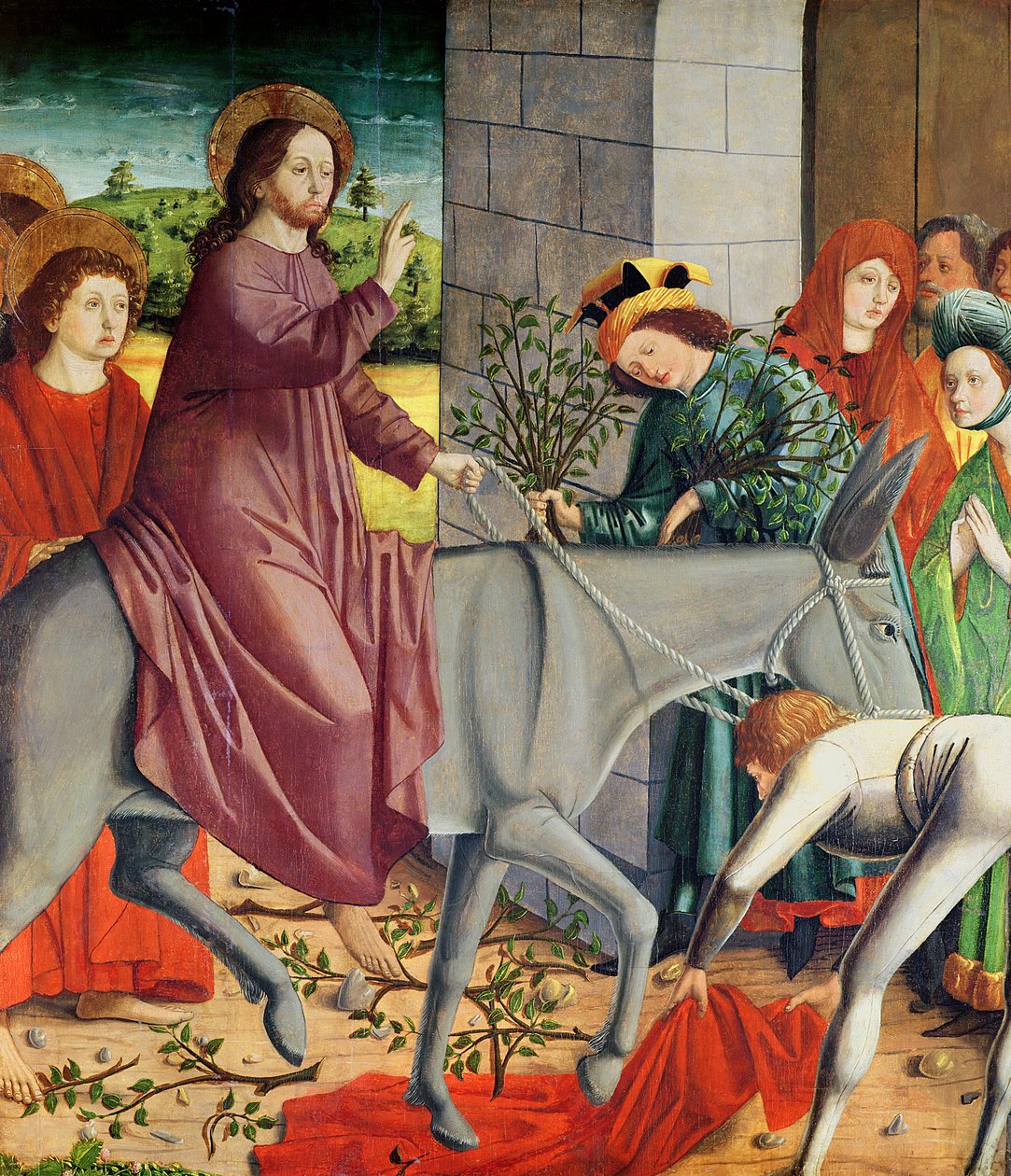 De Intocht van Christus in Jeruzalem, van het Altaarstuk van St. Stefanus, c.1470 door Michael Pacher