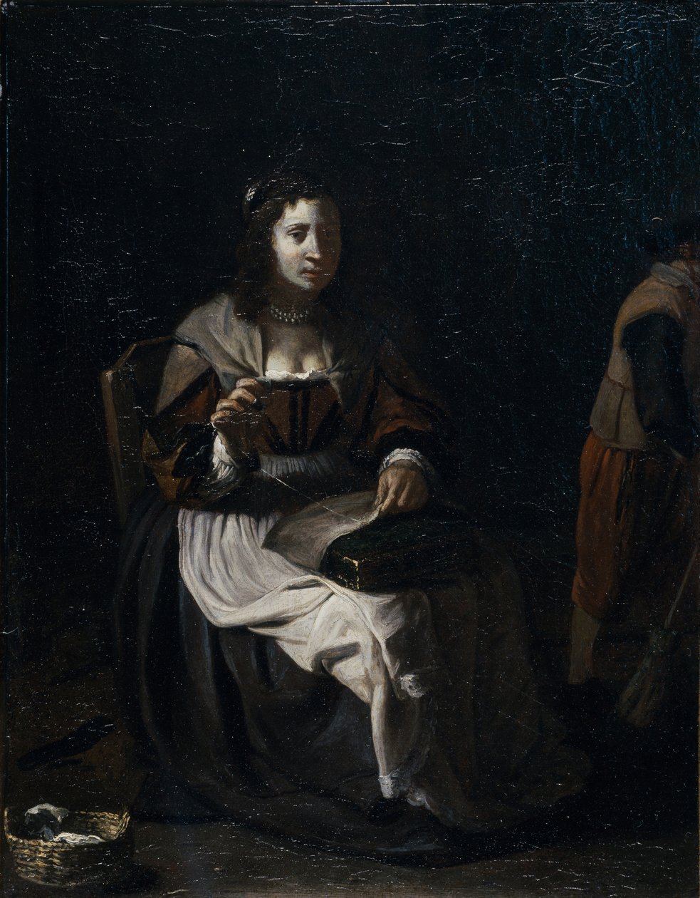 Een vrouw die naait door Michael (attr. to) Sweerts