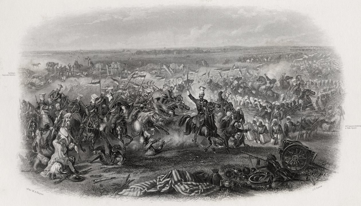 Slag bij Aliwal, India, 28 januari 1846, gegraveerd door J.J. Crew door Michael Angelo Hayes