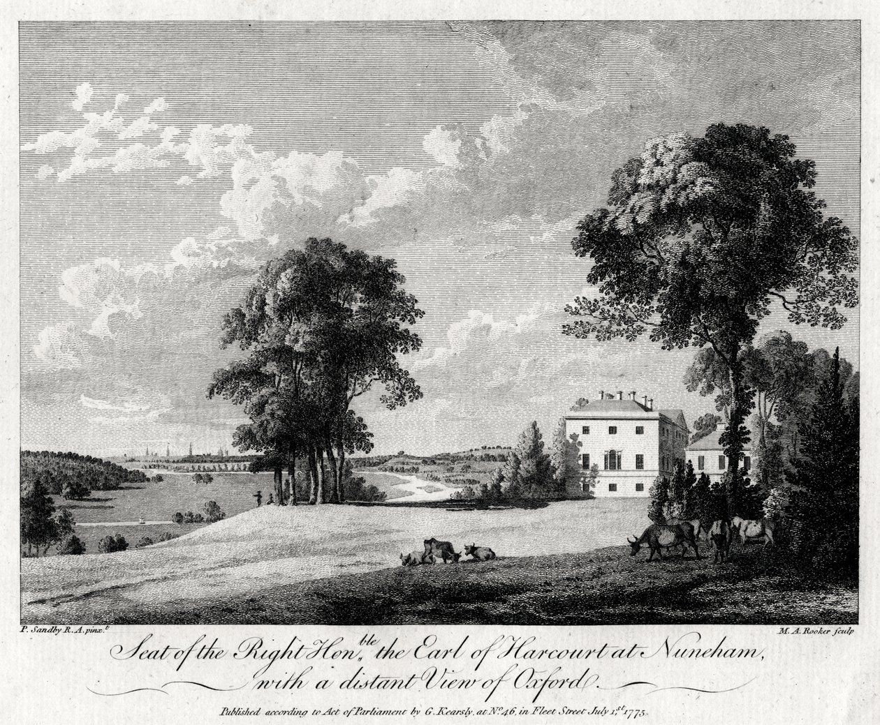 Zetel van de Eerwaarde de Graaf van Harcourt in Nuneham, met een verre blik op Oxford, 1775 door Michael Angelo Rooker