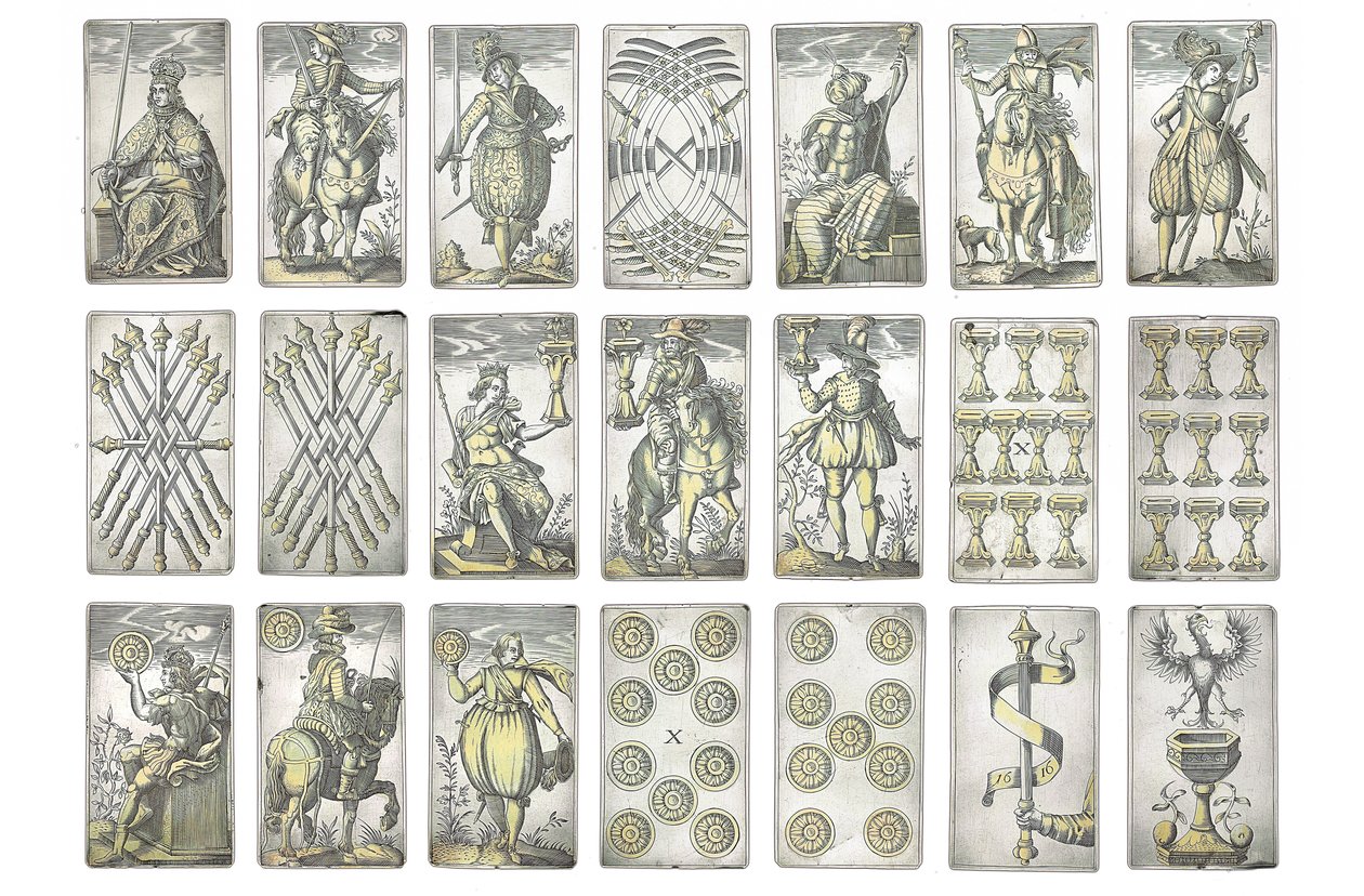 Detail van een uiterst zeldzame set van 52 speelkaarten gegraveerd in de vier Italiaanse kleuren, Augsburg door Michael Froemmer