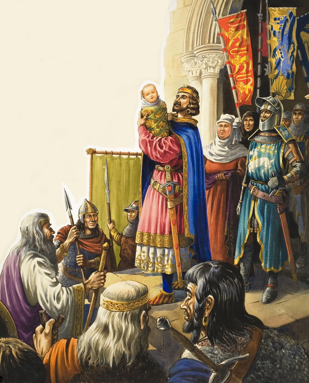 Koning Edward I (1239-1307) presenteert zijn zoontje (gouache op papier) door Michael Godfrey