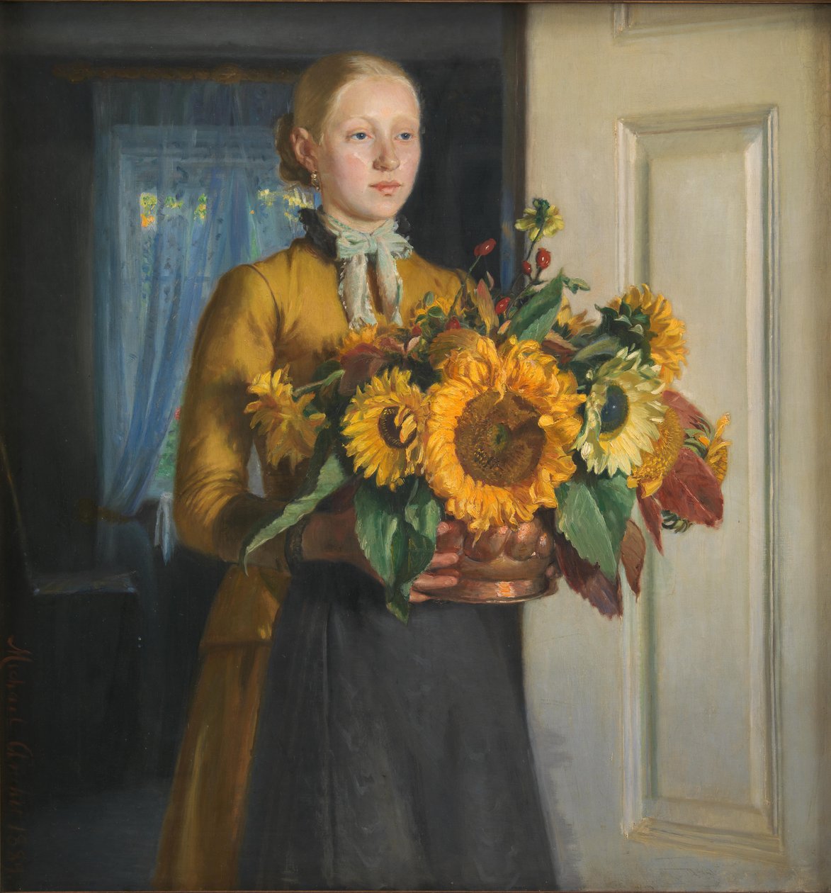 Deens:  Pigen med solsikkerne Een meisje met zonnebloemen door Michael Peter Ancher