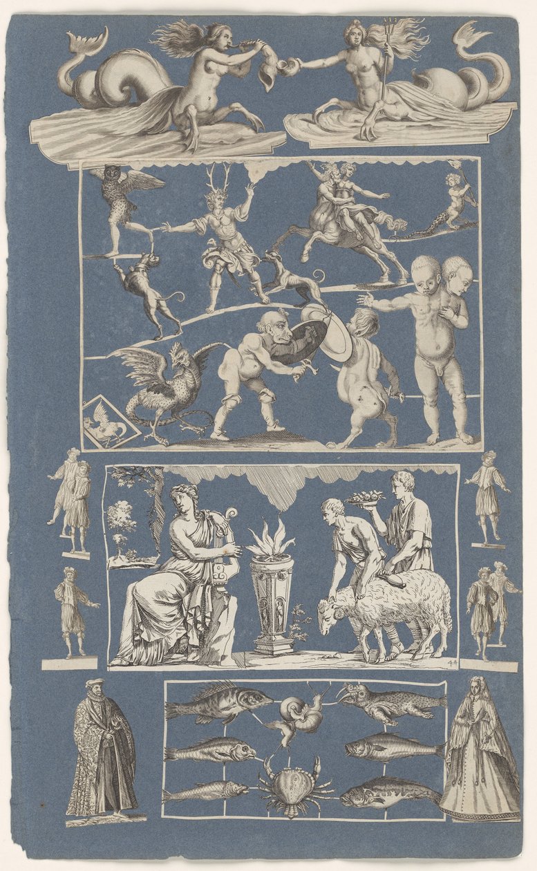Collage van uitgeknipte prenten geplakt op albumblad van blauw papier door Michael Snijders (attributed to)