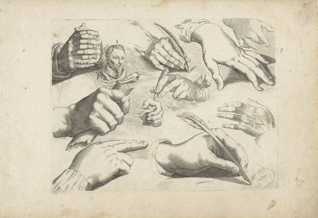 Studieblad met tekenvoorbeelden: handen en portret van Hendrick Goltzius door Michael Snijders