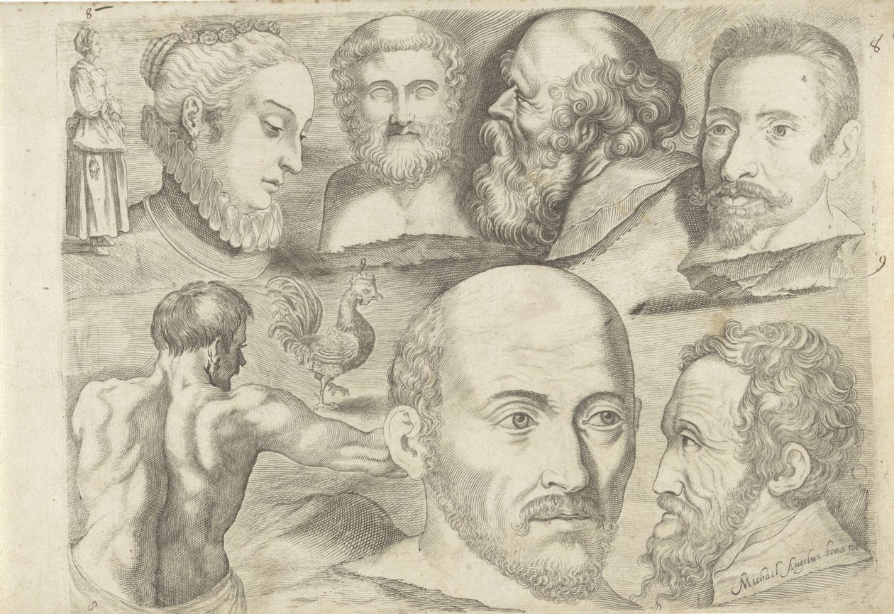 Studieblad met tekenvoorbeelden: staande figuur, haan en koppen door Michael Snijders