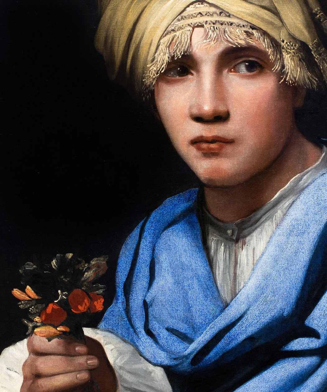 Jongen met tulband die een boeket bloemen vasthoudt door Michael Sweerts