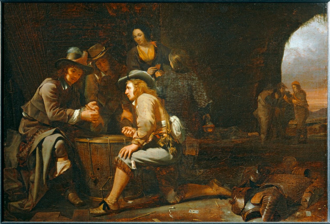 Soldaten spelen in een grot die is omgebouwd tot wachthuis. 1649 ... door Michael Sweerts