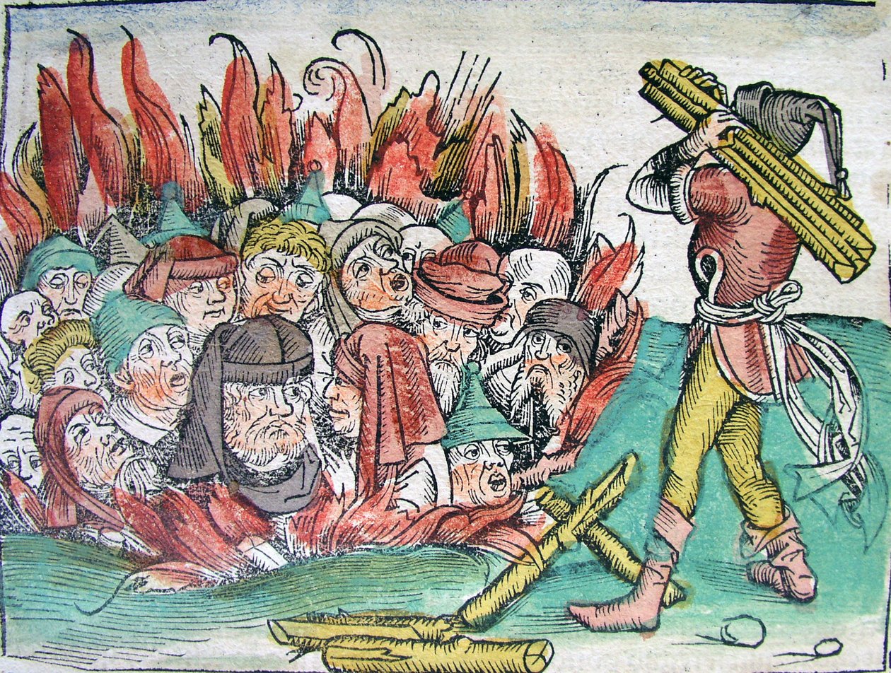 Verbranding van de Joden in Deggendorf in 1338 uit de Schedels Wereldkroniek, 1493 door Michael Wolgemut
