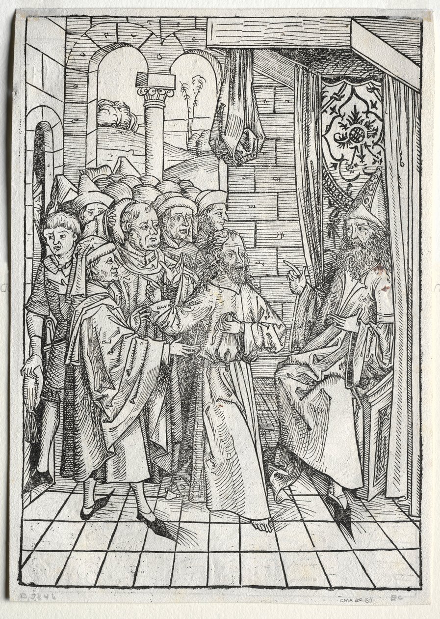 Der Schatzbehalter: Christus voor Kajafas verso, 1491 door Michael Wolgemut