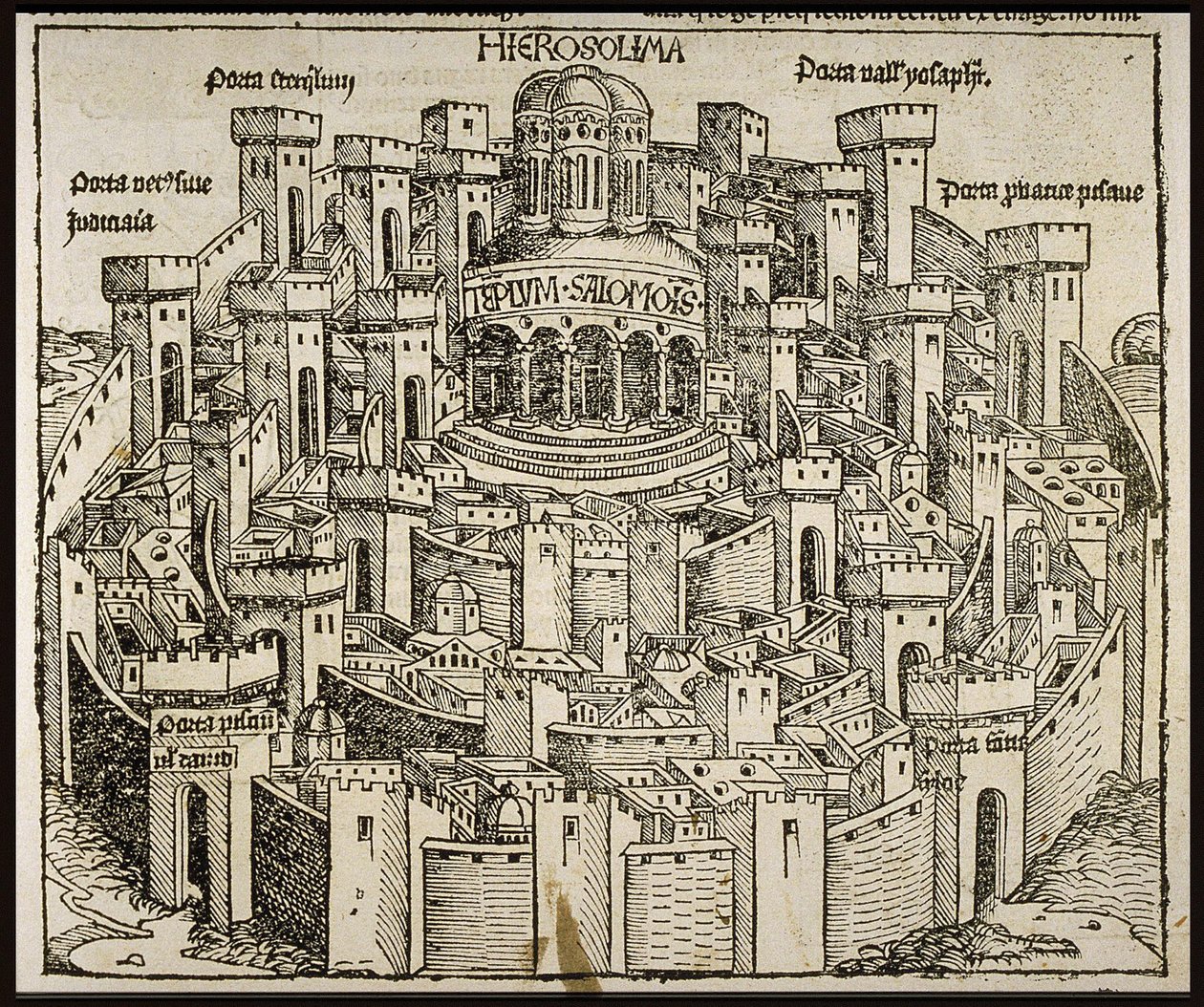 Jeruzalem uit de Schedels Kroniek van de Wereld, ca 1493 door Michael Wolgemut