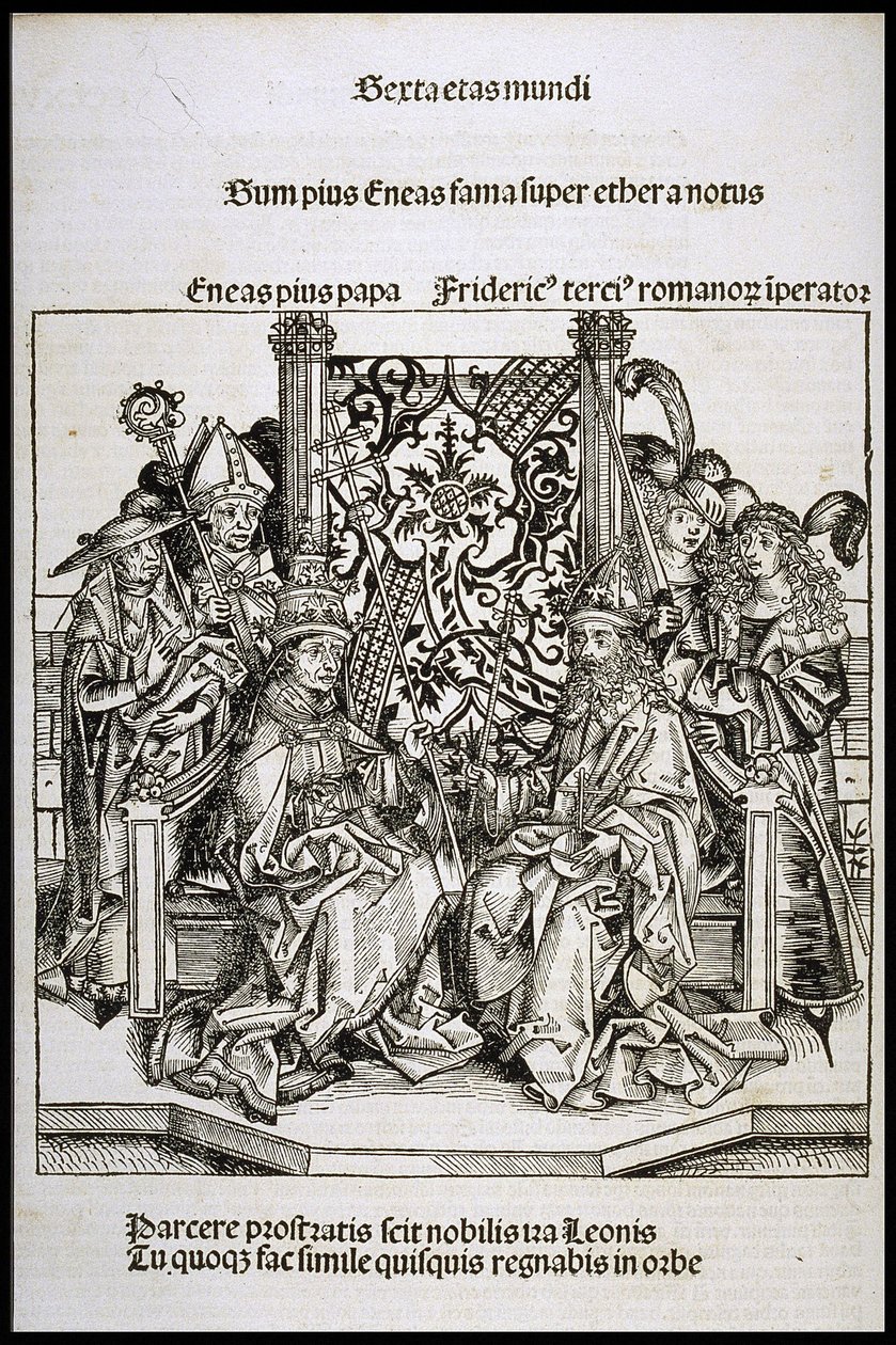 Ontmoeting tussen paus Pius II en Frederik III, keizer van Duitsland door Michael Wolgemut