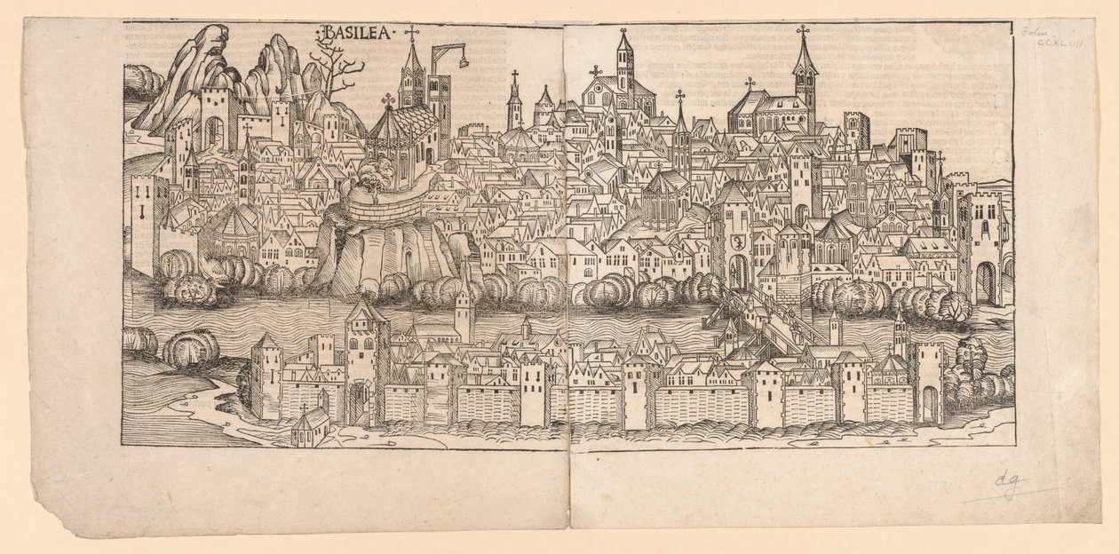 Neurenberg Kroniek: Topografisch uitzicht op Bazel, Zwitserland, 1493 door Michael Wolgemut