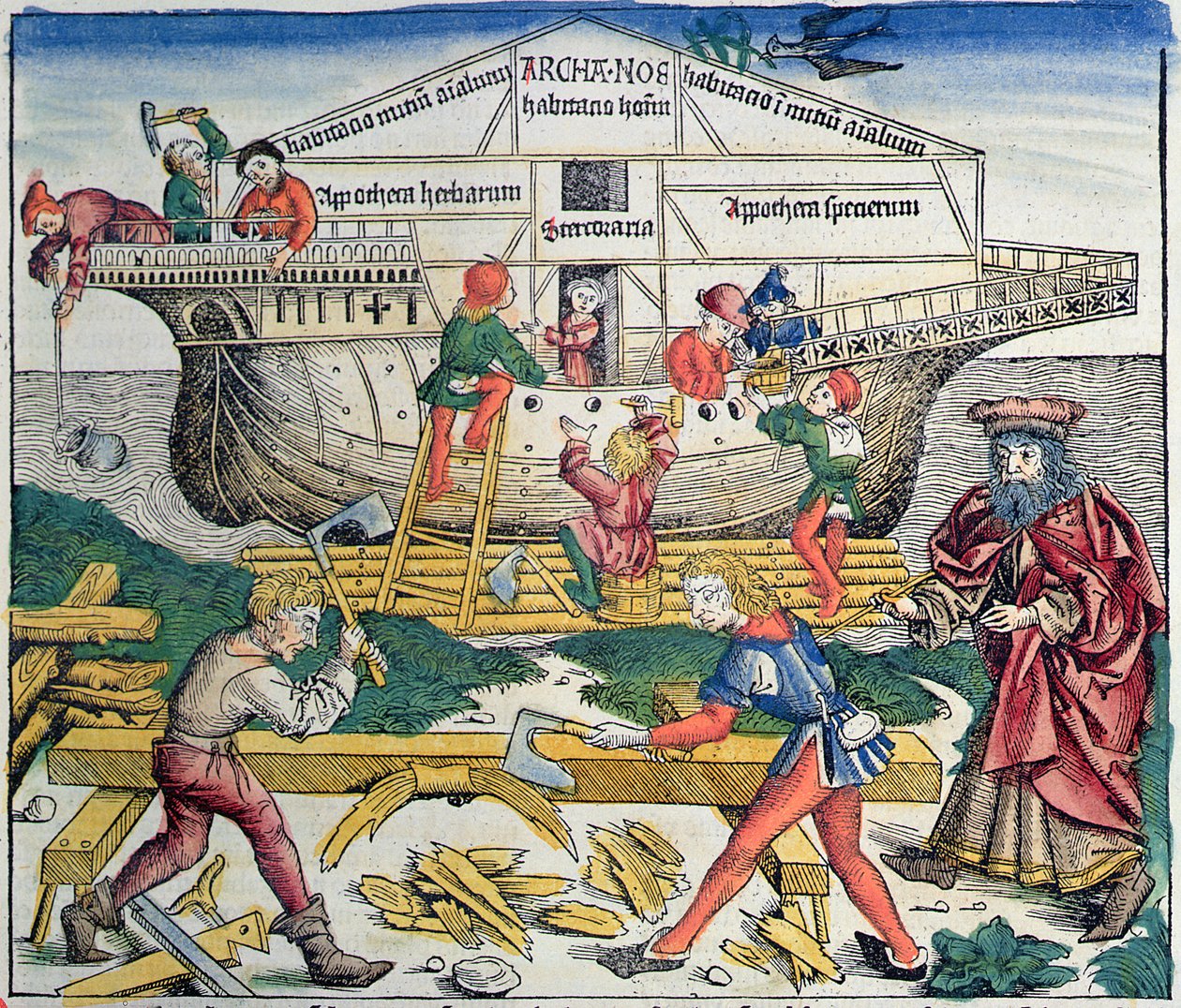 De Bouw van de Ark van Noach, uit de Neurenberg Kroniek door Hartmann Schedel, 1493 door Michael Wolgemut
