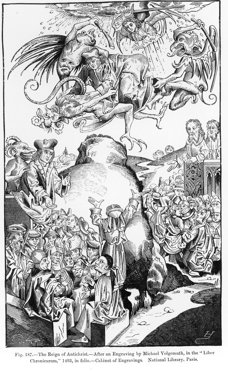 De heerschappij van de Antichrist, uit de Liber Chronicarum, gepubliceerd in 1493, illustratie uit Science and Literature in the Middle Ages and Renaissance, geschreven en gegraveerd door Paul Lacroix, 1878 door Michael Wolgemut
