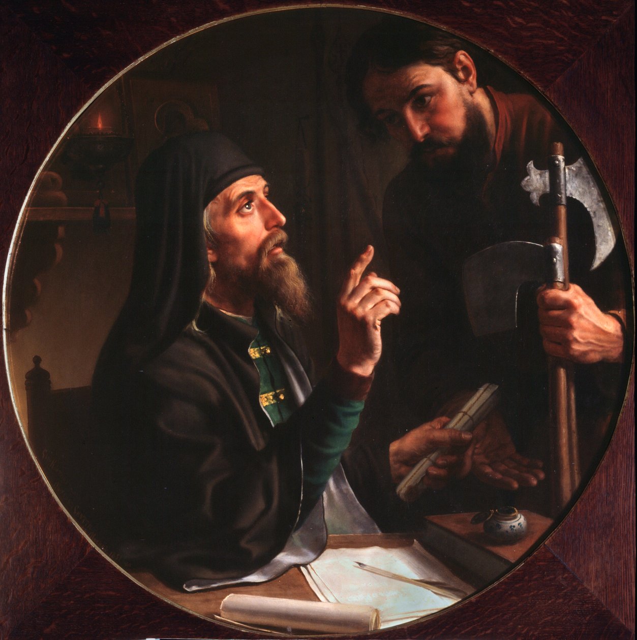 De hegoumen van de Lavra Dionysius Zobninovsky presenteert een kerkelijk document door Michail Ivanovich Skotti