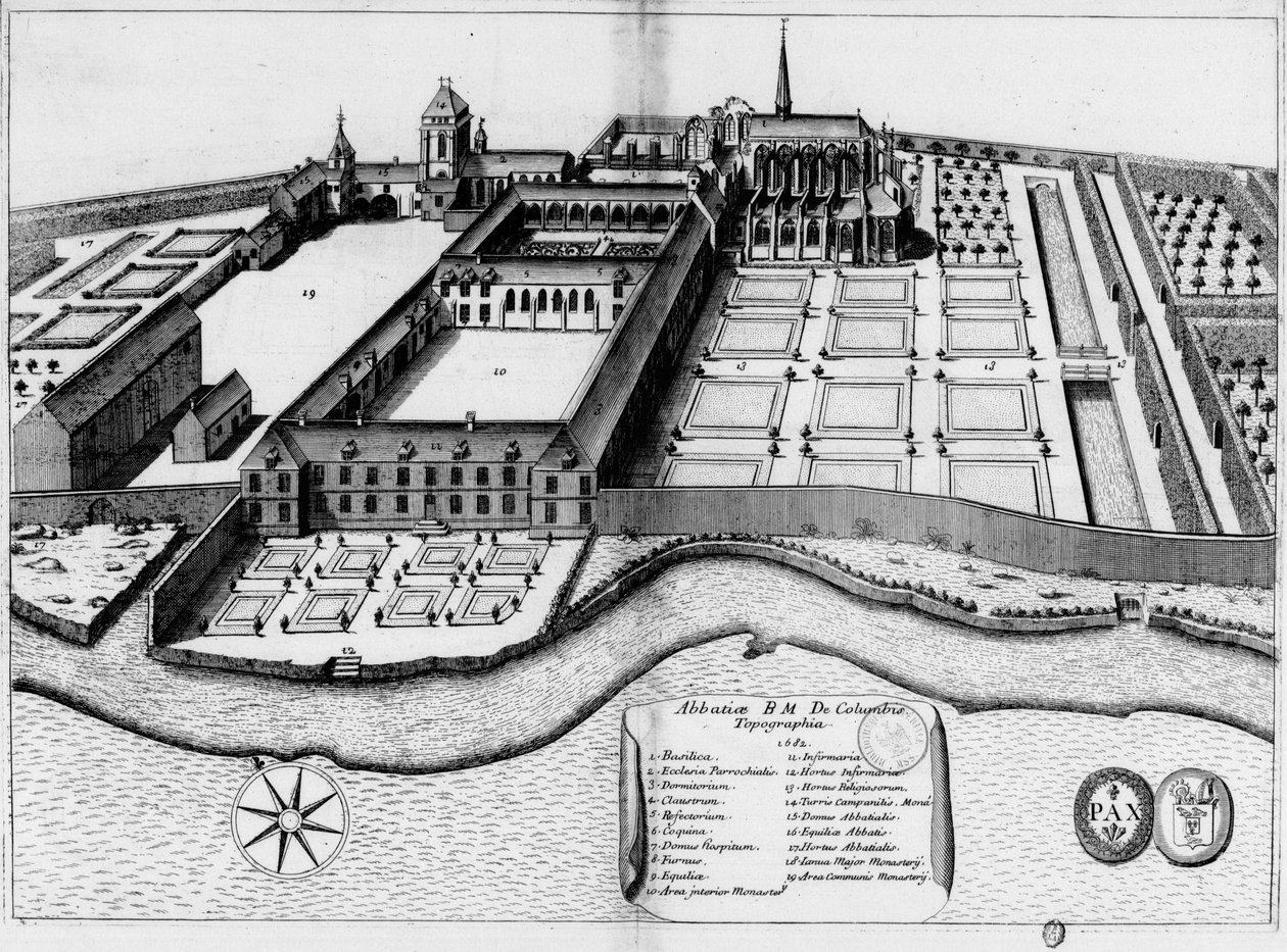 Gravure van de 17e eeuw van de abdij Notre-Dame de Coulombs, in het boek Monasticon Gallicanum door Michel Germain