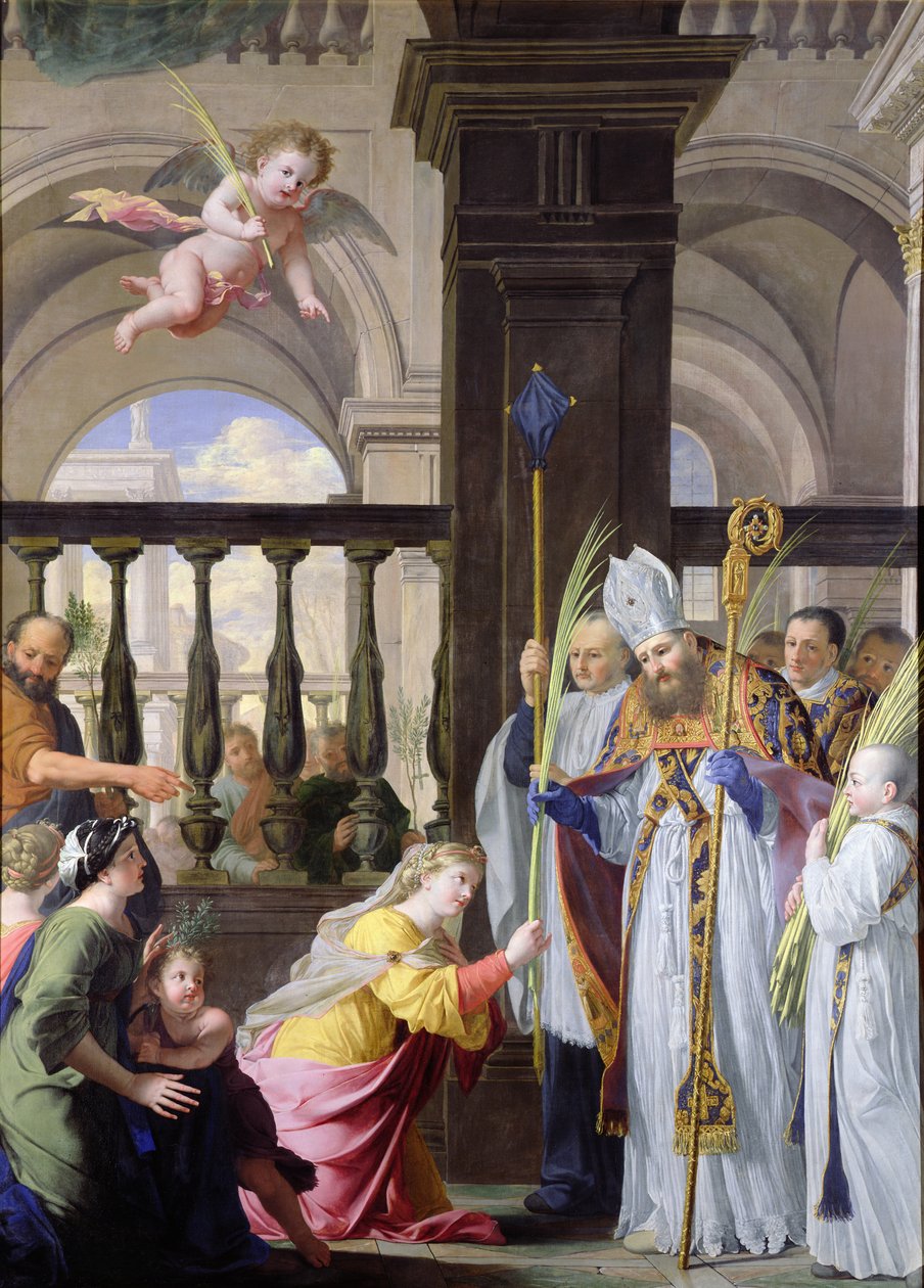 St. Genevieve ontvangt een palm van St. Medard op Palmzondag door Michel des Gobelins Corneille
