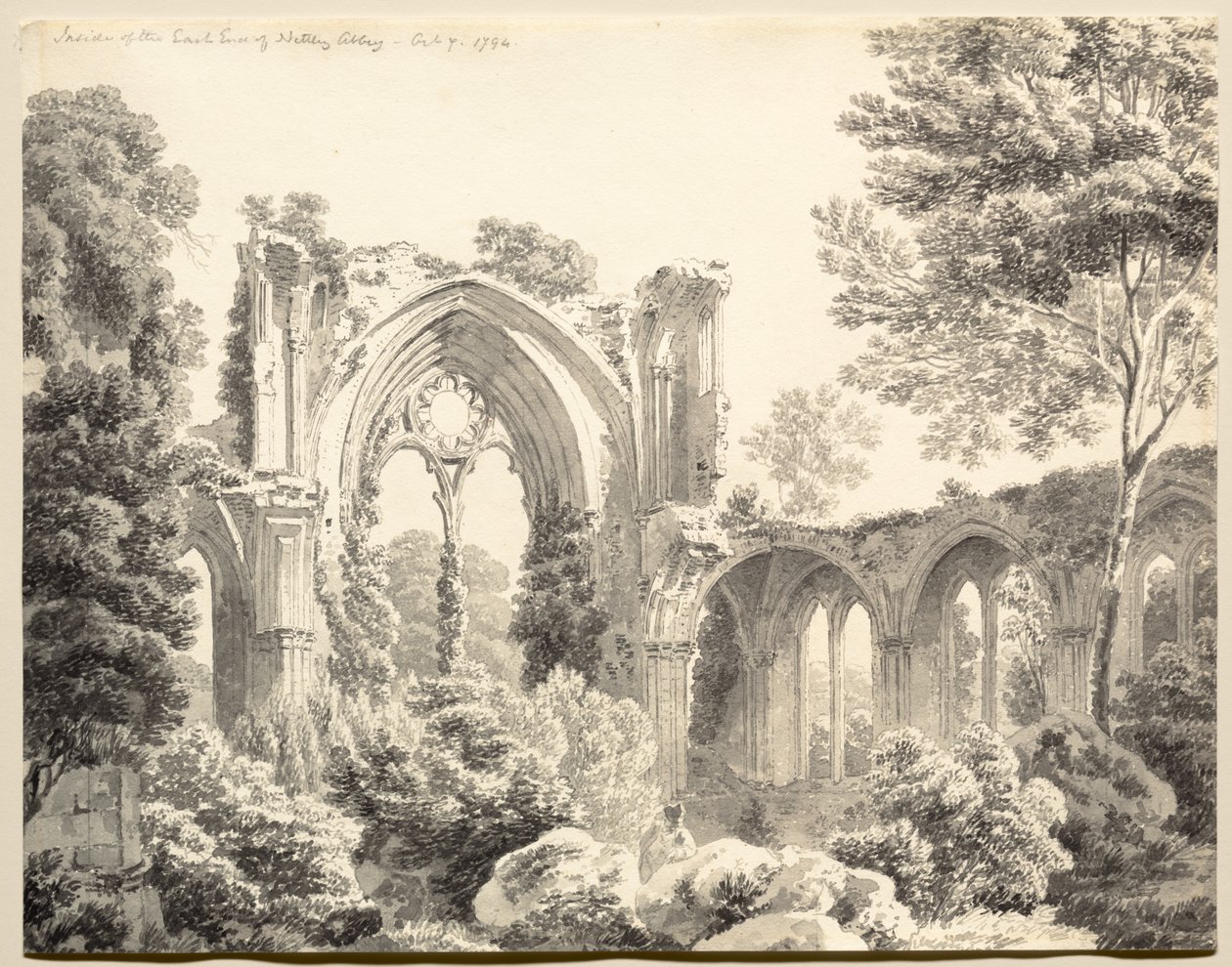 Binnenkant van het oostelijke uiteinde van Nettley Abbey door Michel Angelo Rooker