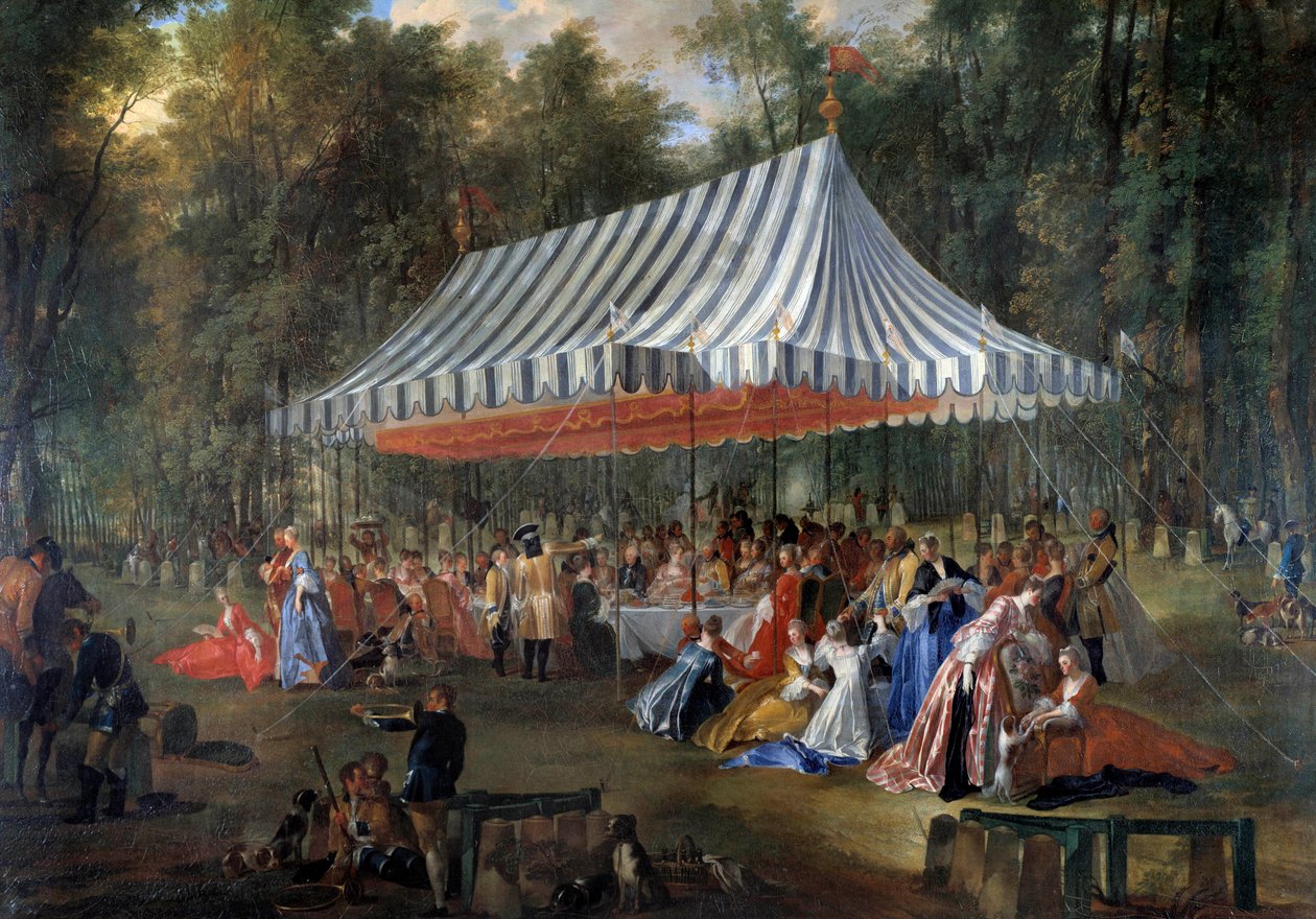 Feest gegeven door Louis Francois Joseph de Bourbon, Prins van Conti aan Erfprins Charles Guillaume Ferdinand van Brunswick Luebourg, onder de tent, in het bos van Cassan, op het Isle Adam in 1766 door Michel Barthelemy Ollivier or Olivier