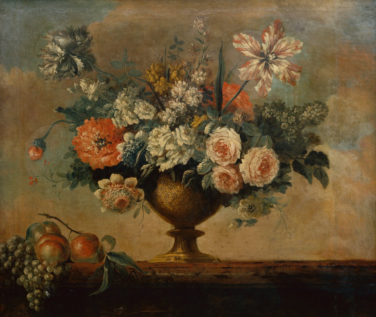 Rozen, tulpen, anjers en andere bloemen in een urn door Michel Bruno Bellenge