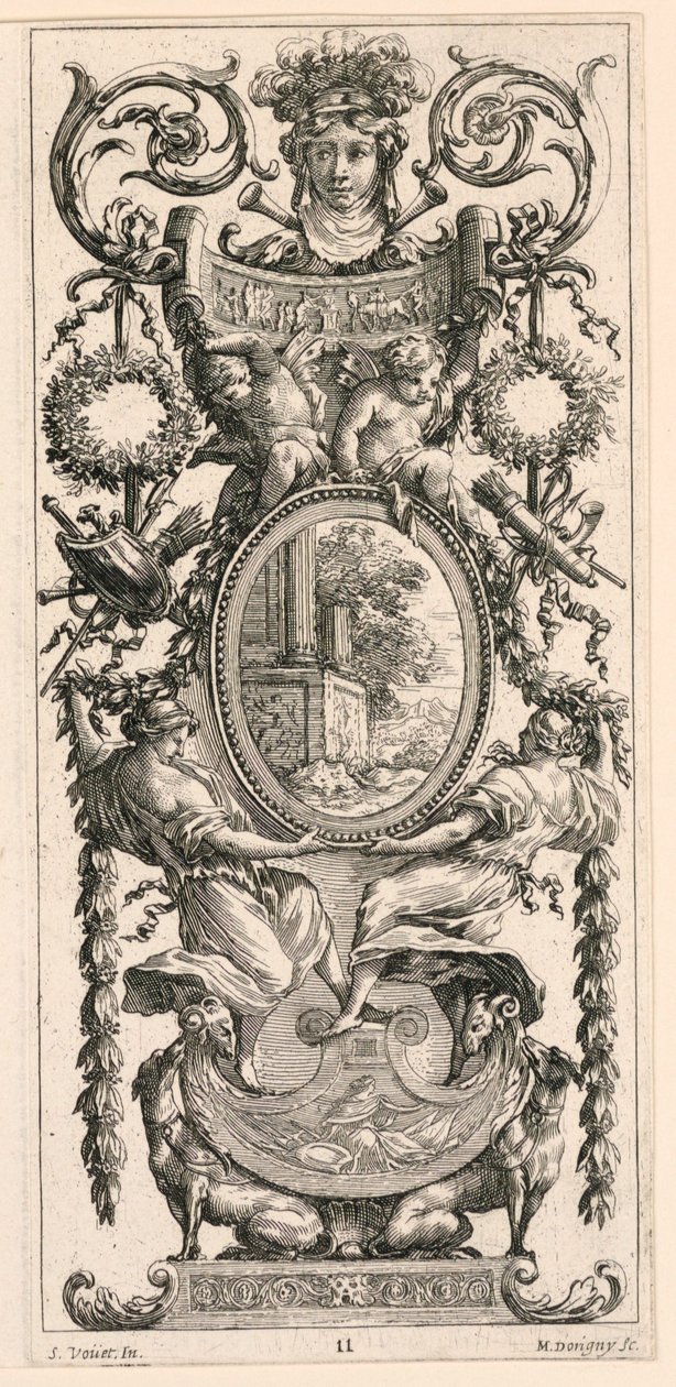 Ornamentpaneel bekroond met een hoofd geflankeerd door loofwerk, plaat 11 uit het Ornamentpaneel bekroond met een hoofd geflankeerd door loofwerk, uit het Livre de Diverses Grotesques peintes dans le Cabinet et Bains de la Reyne Regente, au Palais Royale door Michel Dorigny