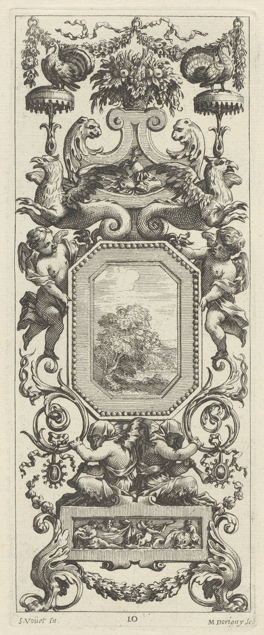 Sierpaneel bekroond door een mand met bloemen en een slinger door Michel Dorigny, after Simon Vouet
