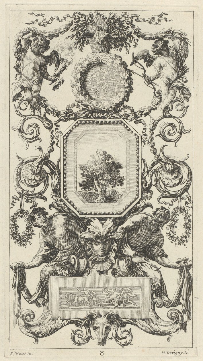 Ornamentaal Paneel Bekroond door een Mand met Bloemen met Cupido en Hymen door Michel Dorigny, after Simon Vouet