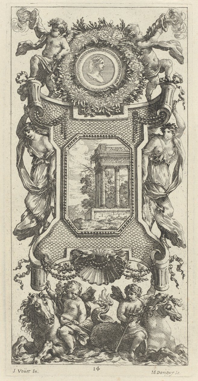 Ornamentpaneel met een buste van een vrouw en twee putti met brandende trompetten door Michel Dorigny, after Simon Vouet
