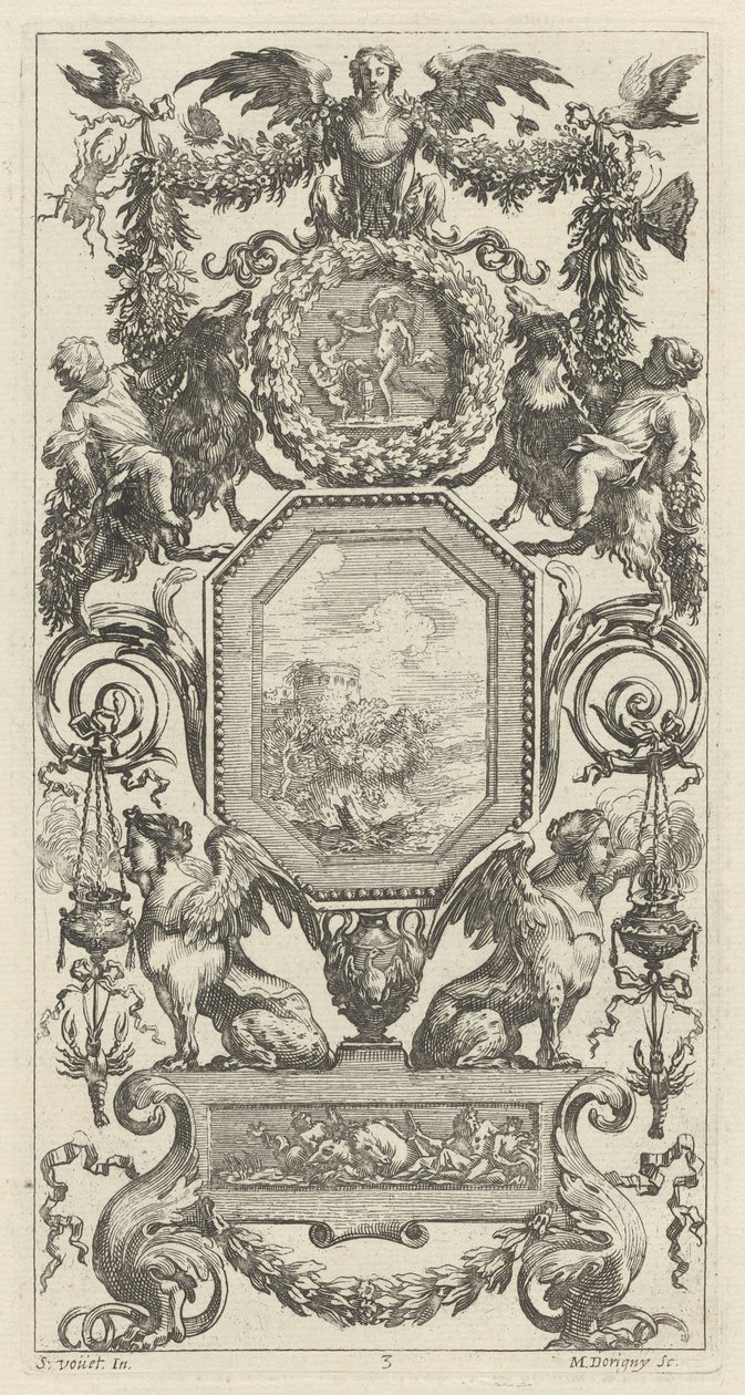Ornamentaal Paneel Bekroond door een Gevleugelde Harpy door Michel Dorigny, after Simon Vouet