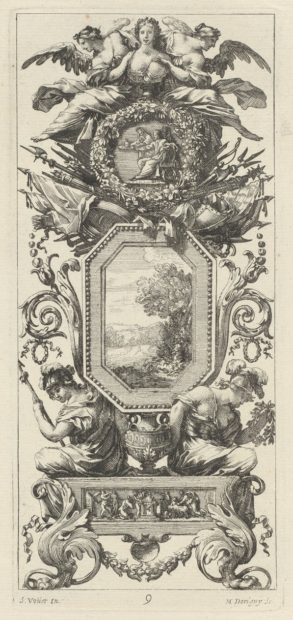 Ornamentaal Paneel met Twee Figuren die op de Buste van een Vrouw Leunen door Michel Dorigny, after Simon Vouet