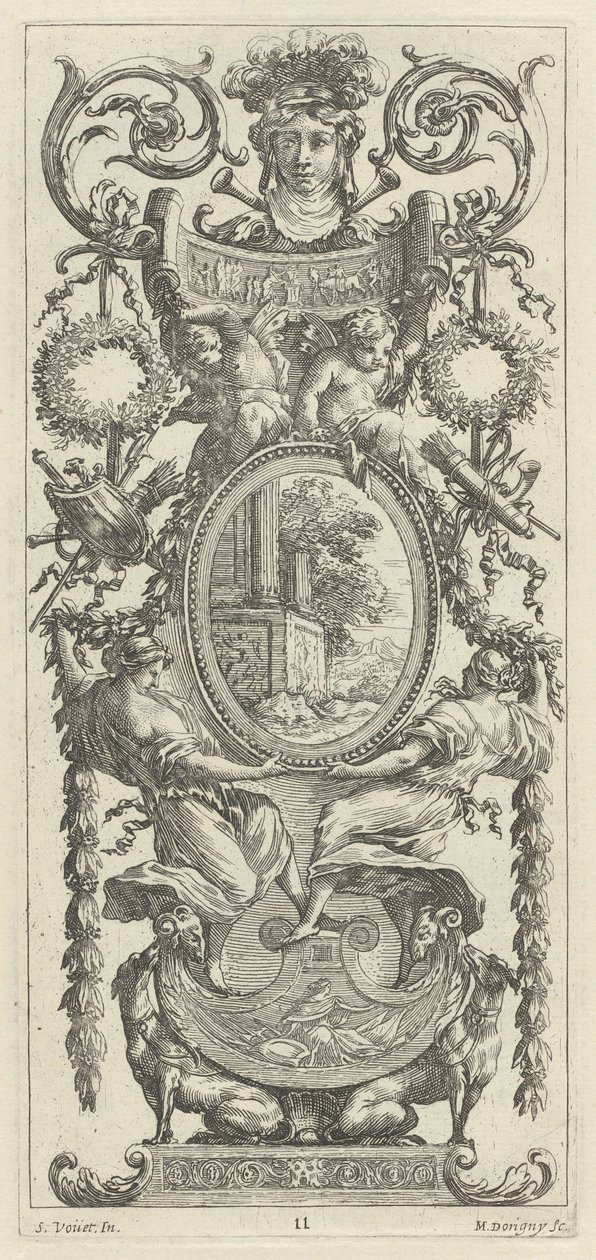 Ornamentaal Paneel Bekroond met een Hoofd Geflankeerd door Bladeren door Michel Dorigny, after Simon Vouet