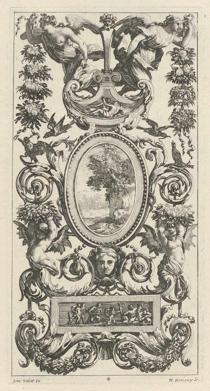 Ornamentpaneel met Pan en twee vrouwen met guirlandes door Michel Dorigny, after Simon Vouet