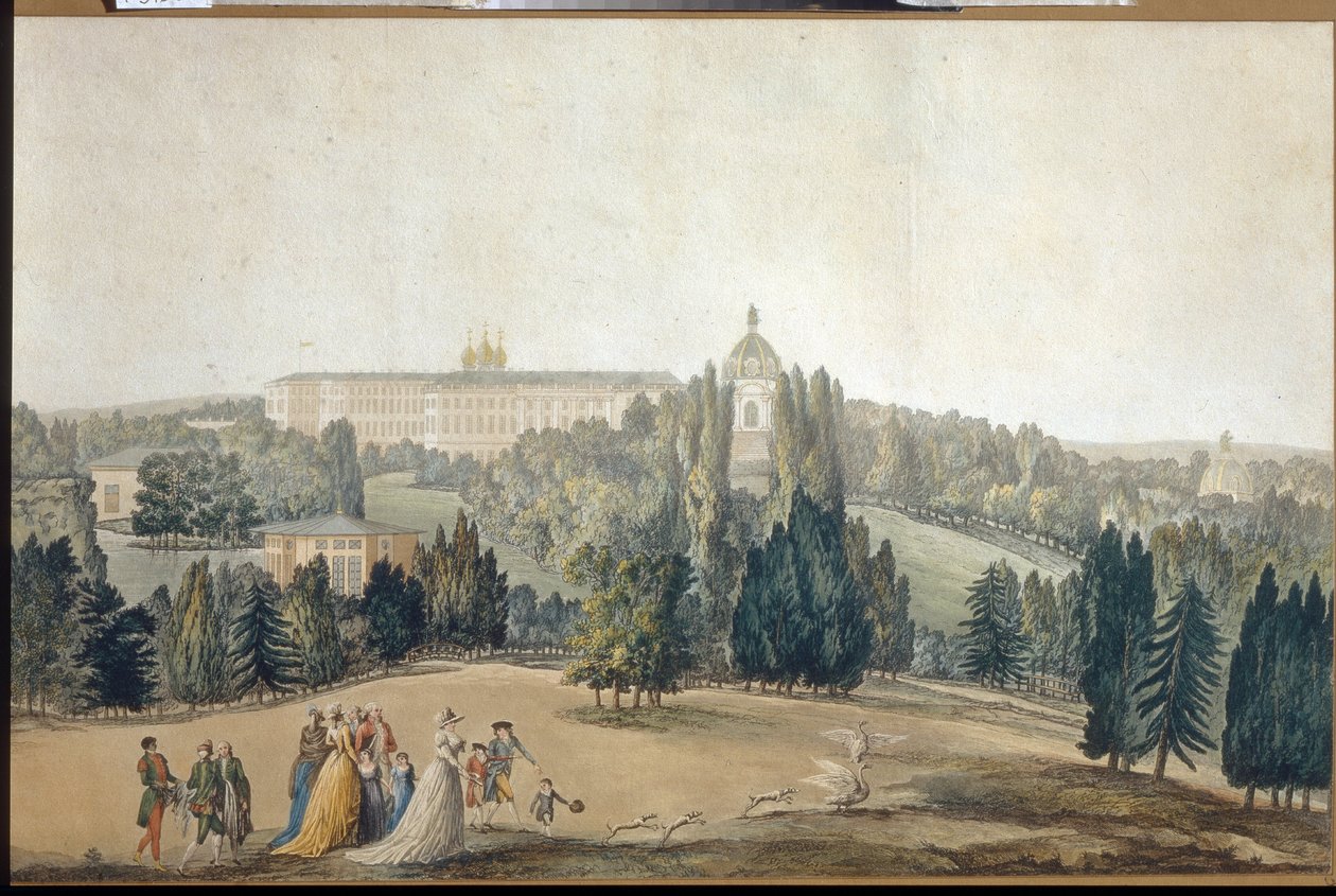 Uitzicht op Tsarkoye Selo. De wandeling van keizerin Catharina II door Michel Francois Damam Demartrait