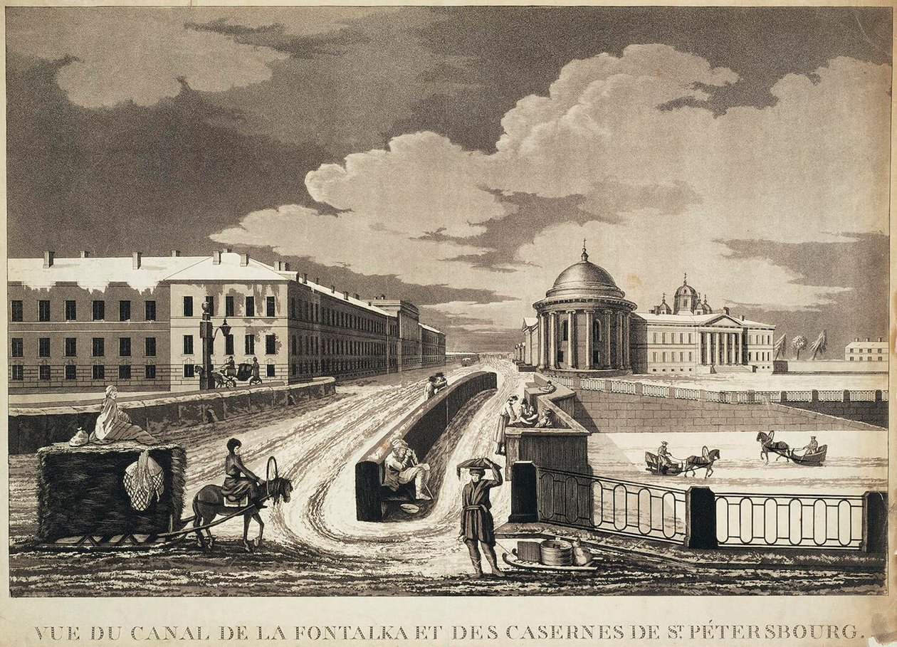 Uitzicht op de Izmailovsky-brug en de kazernes aan de Fontanka-rivier, eind 18e eeuw door Michel François Damame Demartrais
