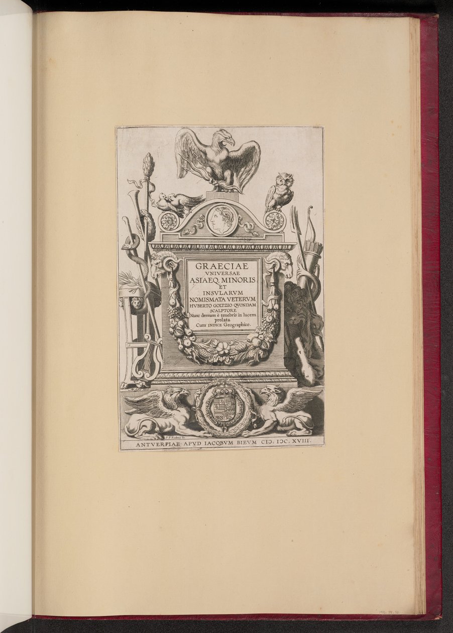 Titelpagina voor Hubert Goltzius, Graeciae Vniversae Asiaeq. Minoris et Insularum Nomismata door Michel Lasne after Sir Peter Paul Rubens