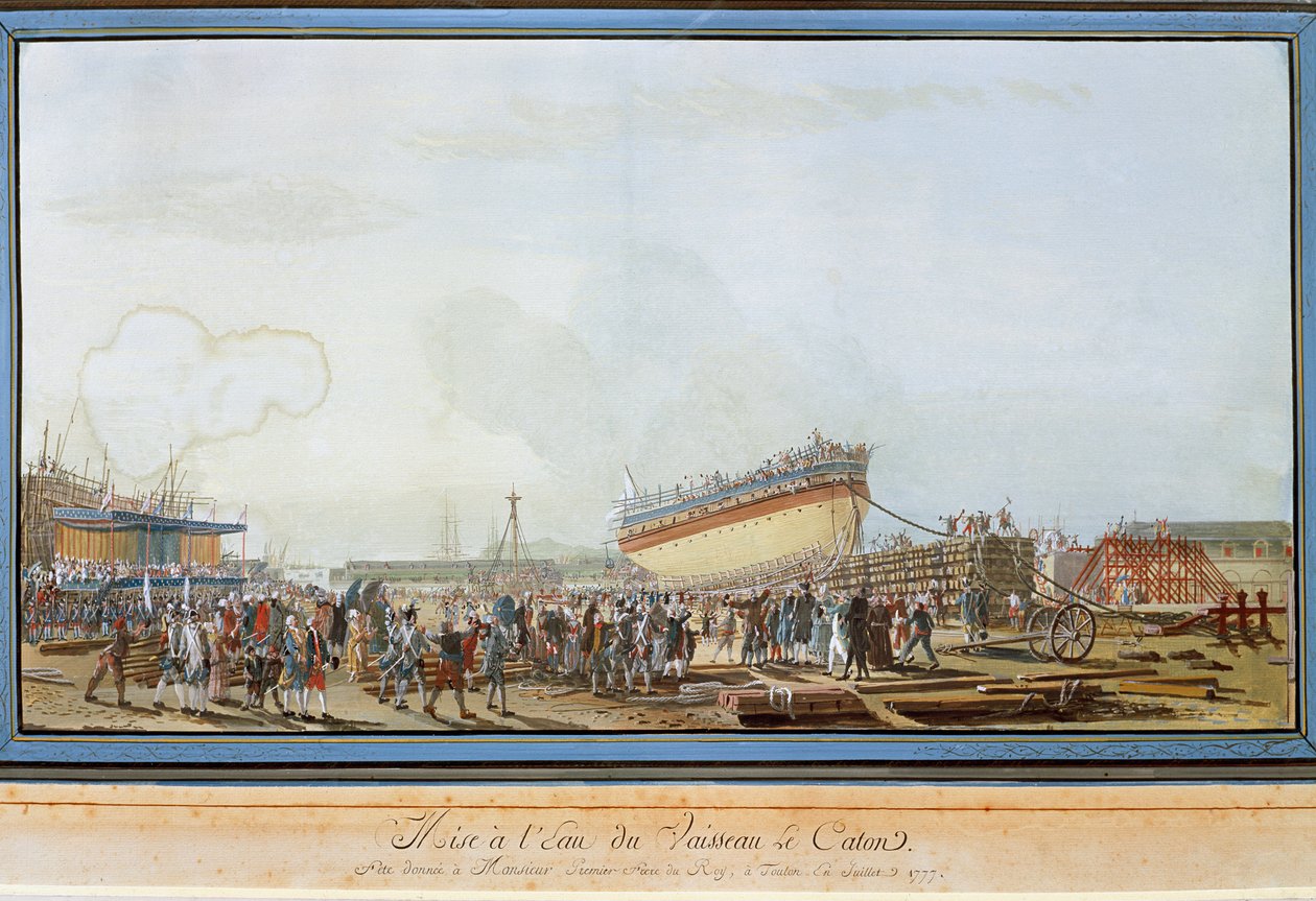 De tewaterlating van het schip Le Caton in de haven van Toulon in aanwezigheid van de Graaf van Provence in juli 1777 (gouache) door Michel de Toulon