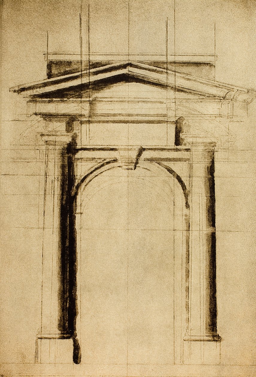 Architectonische studie van een deur met een driehoekig tympaan; tekening door Michelangelo door Michelangelo Buonarroti