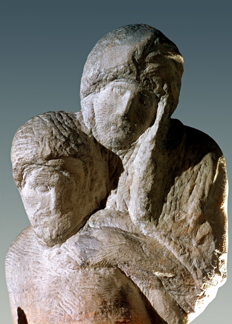 Rondanini Pietà, detail van de hoofden van Christus en Maria door Michelangelo Buonarroti